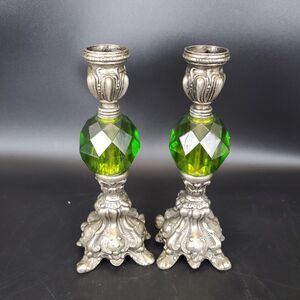 Vintage Hollywood Regency Brass & Green Glass Candlesticks Pair 8"